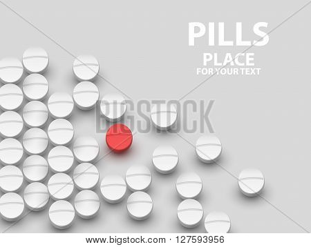 Top view of the heap of white medicine pills on white surface. One red medicine tablet is as a concept of a vaccine.vector illustration
