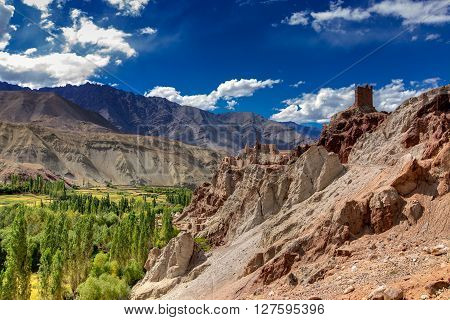 Ruins and Basgo Monastery surrounded with stones and rocks Leh Ladakh Jammu and Kashmir India