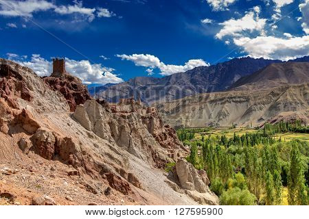 Ruins and Basgo Monastery surrounded with stones and rocks Leh Ladakh Jammu and Kashmir India