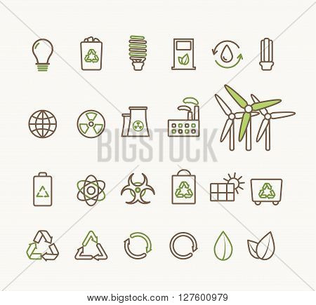 Thin line vector ecological icons set. Icons for environmental, recycling, renewable energy, nature. Ecological icons collection isolated, eco icons