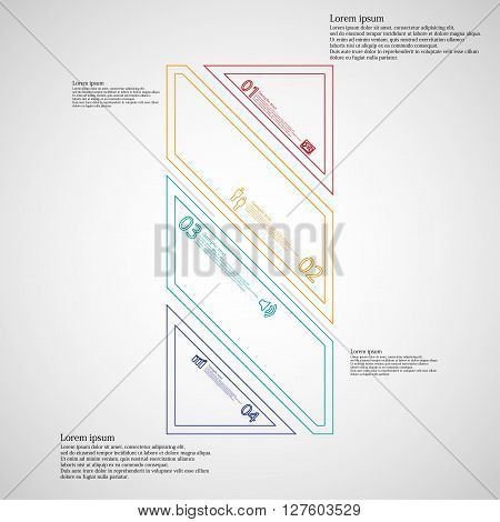 Bar rectangle infographic illustration template askew divided to four color parts. Each part contain text number and sign and is created by double outline contour.