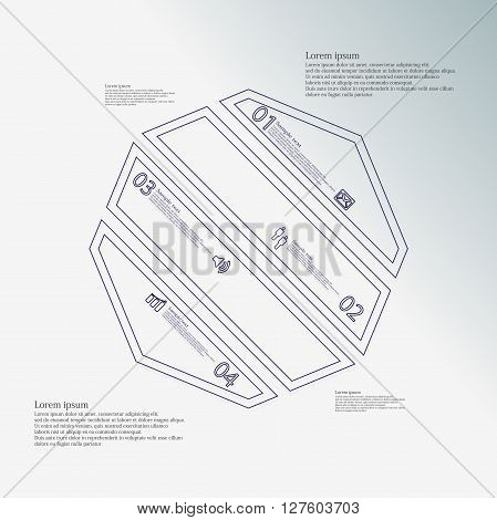 Octagon infographic illustration template askew divided to four blue parts. Each part contain text number and sign and is created by double outline contour.