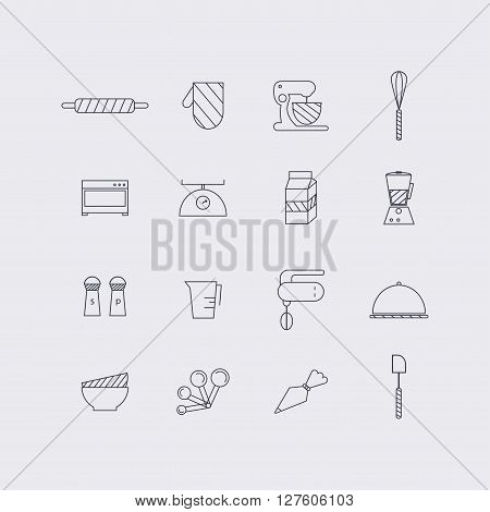Line icons set in flat design. Elements of Cooking Foods and Kitchen outline and baking. Modern infographic linear vector illustration.