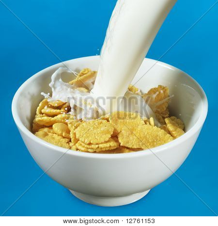 Verter en un tazón de cereales en azul de la leche