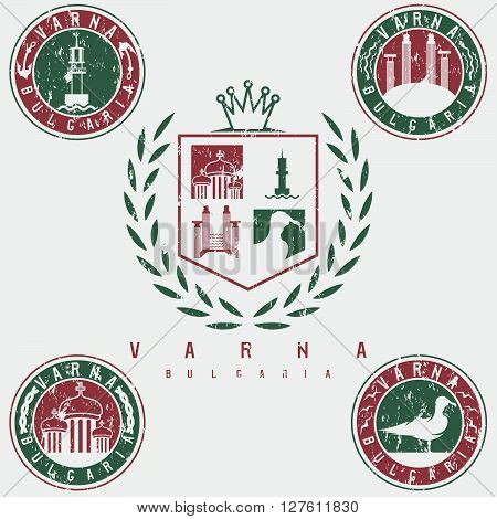 Grunge Coat Of Arms And Emblems With Landmarks Of The City Varna Bulgaria