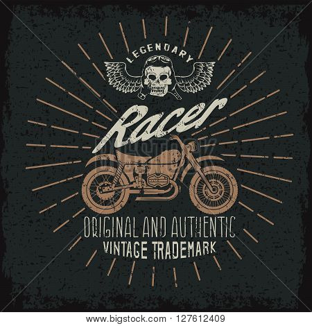 Racer Grunge Vintage Print With Motorcycle, Wings And Skull