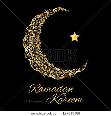 Golden ornate crescent with star on black background. Greeting card of holy Muslim month Ramadan