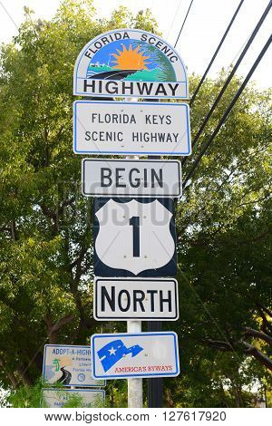KEY WEST, FL, USA - JAN 1, 2015: Starting Point of US Route 1 sign (Mile zero) in Key West, Florida, USA.