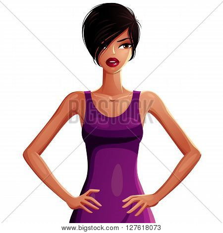 Beautiful tanned slender woman wearing an elegant emerald dress female portrait. Colorful drawing of a cute slim girl holding her hands on a waist.