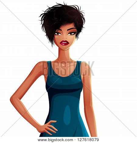 Beautiful tanned slender woman wearing an elegant emerald dress female portrait. Colorful drawing of a cute slim girl holding her hand on her waist.