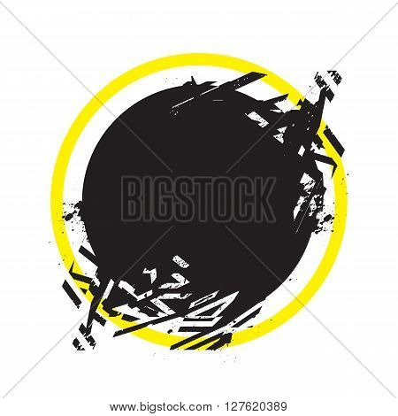 Vector Grunge Stylized Geometrical Shape With Splashes And Splatters. Circle Symbol Exploded And Dam