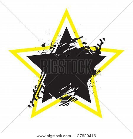 Vector Grunge Stylized Geometrical Shape With Splashes And Splatters. Star Symbol Exploded And Damag