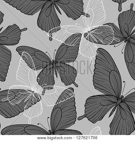 beautiful monochrome black and white seamless background with flying butterflies. Hand-drawn contour lines and strokes. Perfect for background greeting cards and invitations to the day of the wedding birthday and Valentine's Day