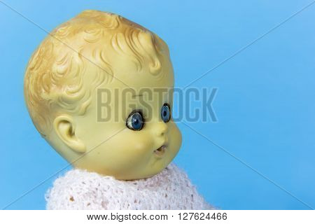 vintage doll, dolly, puppet, old toy, reto, blue, background, infant, infantile, childish