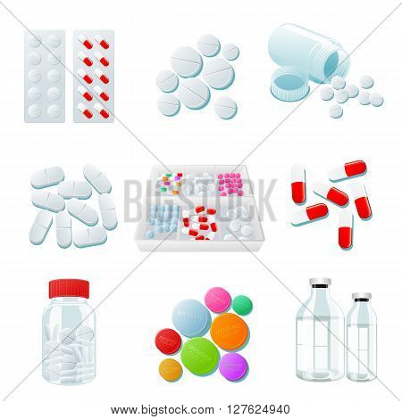 medicaments of various types, set of medical pill, Medicine isolated on white background, colorful products. Bottles and boxes with colored vitamins. Things to human health.