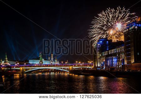Beautiful night view of the Kremlin during the fireworks on Victory Day on may 9