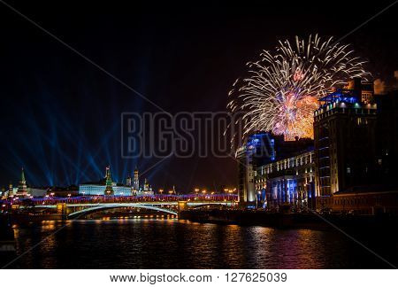 Beautiful night view of the Kremlin during the fireworks on Victory Day on may 9