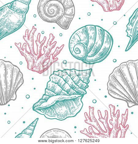 Seamless pattern sea shell. Vector engraving vintage illustrations. Isolated on white background.