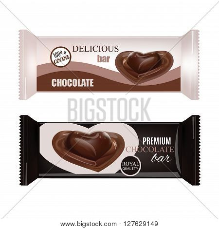 Vector Food Packaging For Biscuit Wafer Crackers Sweets Chocolate Bar Candy Bar Snacks . Chocolate bar Design Isolated On White Background. Liquid Chocolate Heart Candy.