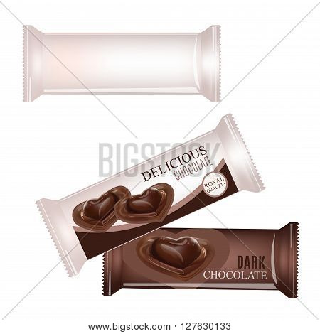 Vector Blank Food Packaging For Biscuit Wafer Crackers Sweets Chocolate Bar Candy Bar Snacks . Chocolate bar Design Isolated On White Background. Liquid Chocolate Heart Candy.