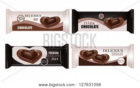 Vector Food Packaging For Biscuit Wafer Crackers Sweets Chocolate Bar Candy Bar Snacks . Chocolate bar Design Isolated On White Background. Liquid Chocolate Heart Candy.