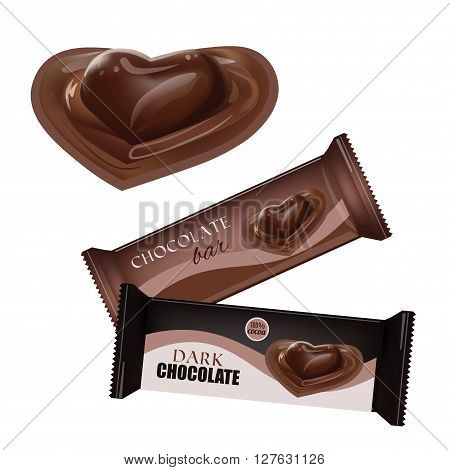 Vector Food Packaging For Biscuit Wafer Crackers Sweets Chocolate Bar Candy Bar Snacks . Chocolate bar Design Isolated On White Background. Liquid Chocolate Heart Candy.