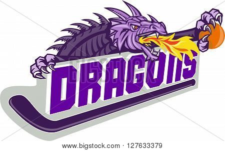 Illustration of a purple dragon head breathing fire clutching basketball on hockey stick and banner with the word "Dragons" on isolated white background done in retro style.