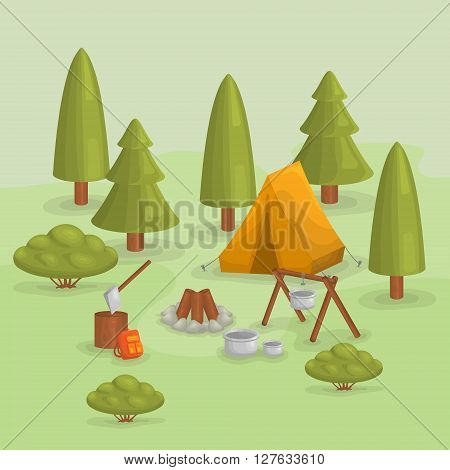 Outdoor background. Backpacking.Hiking and camping. Vector set of various camping icons. Vector icons forest camping set with a pine or fir tree, tent, bush, dishes, backpack, campfire. Forest.