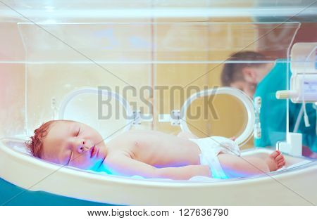 Newborn Baby Get The Light Therapy In Infant Incubator