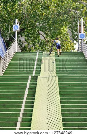 BANGKOK , THAILAND - April 24,2016: Overpass for people walking and bicycle only in Bangkok. Thailand.