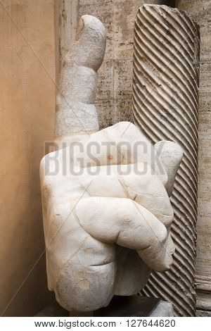 ROME, ITALY - APRIL 8, 2016: Right hand of the statue of Colossus of Constantine in the Capitoline Museum