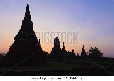 the silhouette temple in the twilight scene at the Ayuthaya world heritage Thailand