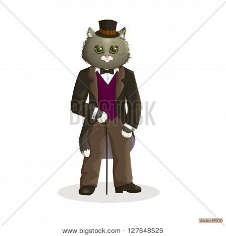 Vintage hipster gray cat with in a tuxedo, top hat and cane on a white background. Vector illustration