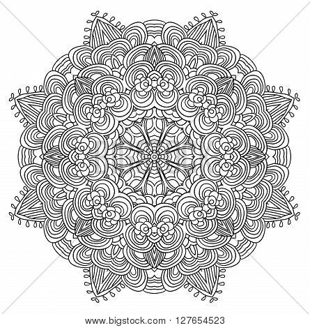 Uncolored symmetric tracery for colouring. Can be used as adult coloring book, coloring page, card, invitation. Sacred geometry