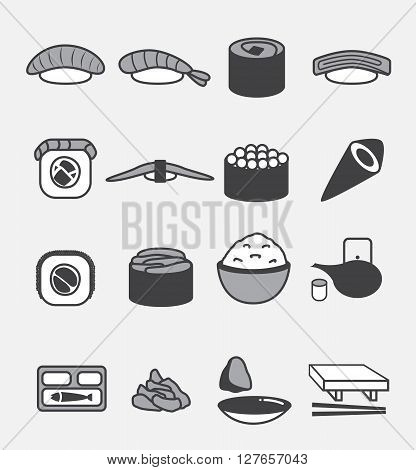 sushi icons set isolated on gray background