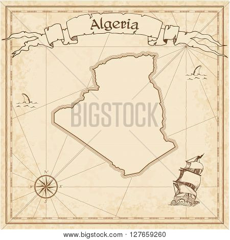 Algeria Old Treasure Map. Sepia Engraved Template Of Pirate Map. Stylized Pirate Map On Vintage Pape