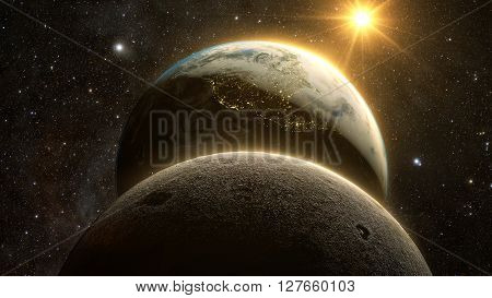 spectacular sunrise view over Planet Earth and moon with milky way in background.