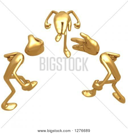 Concepto de cabeza 3D gigantes manos tocando Rock Paper Scissors