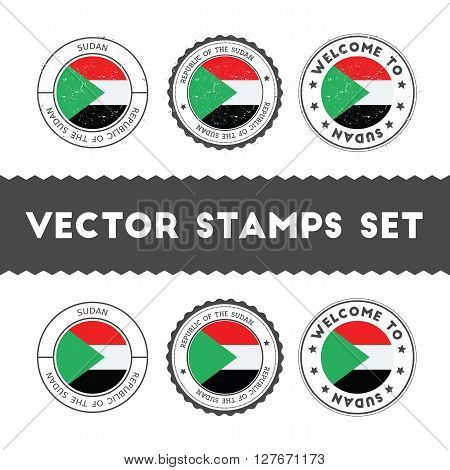 Sudanese Flag Rubber Stamps Set. National Flags Grunge Stamps. Country Round Badges Collection.