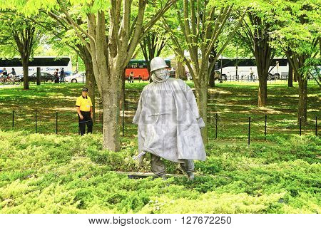 Washington DC USA - May 2 2015: War Veteran member of Honor Flight nonprofit organization in Korean War Veterans Memorial in West Potomac Park in the National Mall.