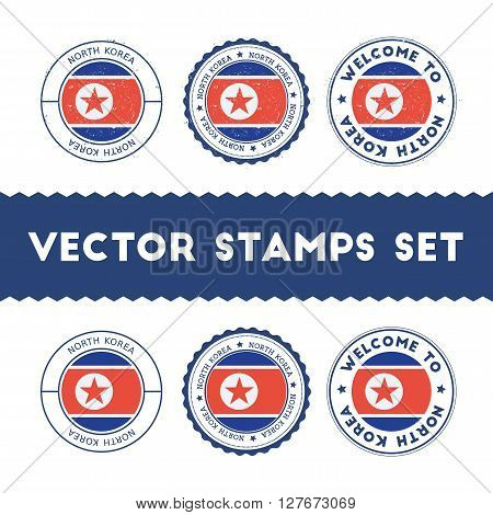 North Korean Flag Rubber Stamps Set. National Flags Grunge Stamps. Country Round Badges Collection.