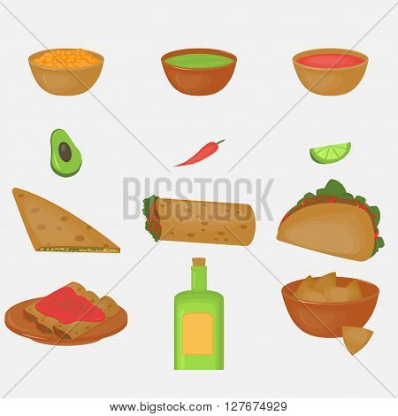 Mexican traditional food set, traditional cusine of Mexico, latino fast food menu takos, burrito, restaurant meal