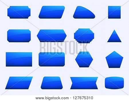Vector set shapes for message in blue color. Decoration for text in geometry shapes. Border and sticker for note in set. Hexagon button rectangle square and other blue geometry signs