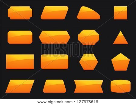 Vector set shapes for message in orange color. Decoration for text in geometry shapes. Border and sticker for note in set. Hexagon button rectangle square and other yellow geometry signs