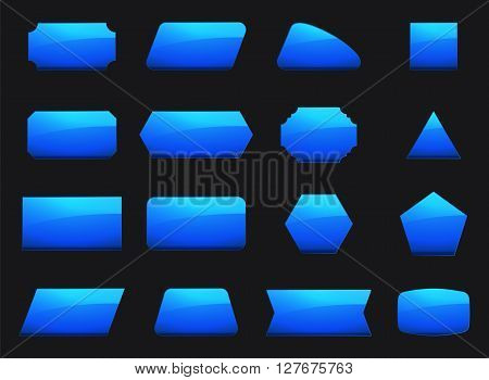 Vector set shapes for message in blue color. Decoration for text in geometry shapes. Border and sticker for note in set. Hexagon button rectangle square and other blue geometry signs