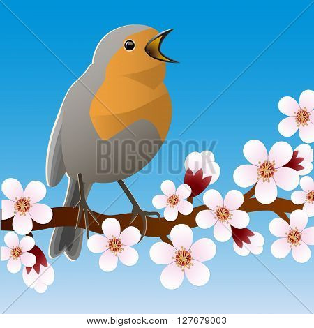 Spring bird sitting on a flowering branch. Vector Image.