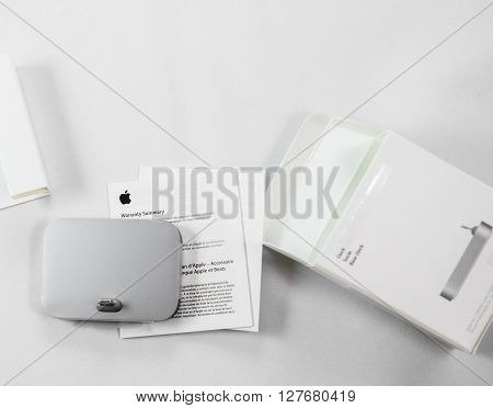 PARIS FRANCE - APR 21 2016: Unboxing o fthe new Apple Docking Station for the iPhone SE and iPhone 6S