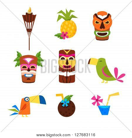 Hawaii Themed Set Of Flat Isolated Vector Icons In Bright Colors On White Background