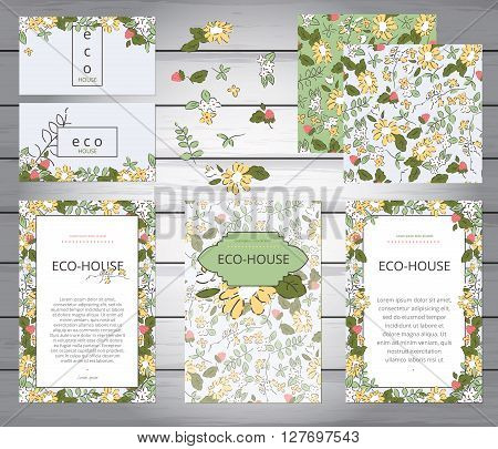 Business or other event painted floral background. Design stationery set in vector format. Corporate design. Wedding, shabby chic. Yellow flowers and berries