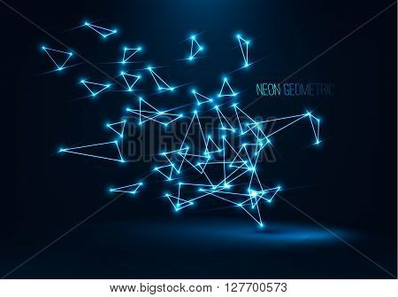 Abstract geometric technology shape of glowing particles .Neon luminous lines.Triangle shapes .Chaotic polygonal elements.Futuristic background .Vector digital 3d illustrations .Low poly wireframe